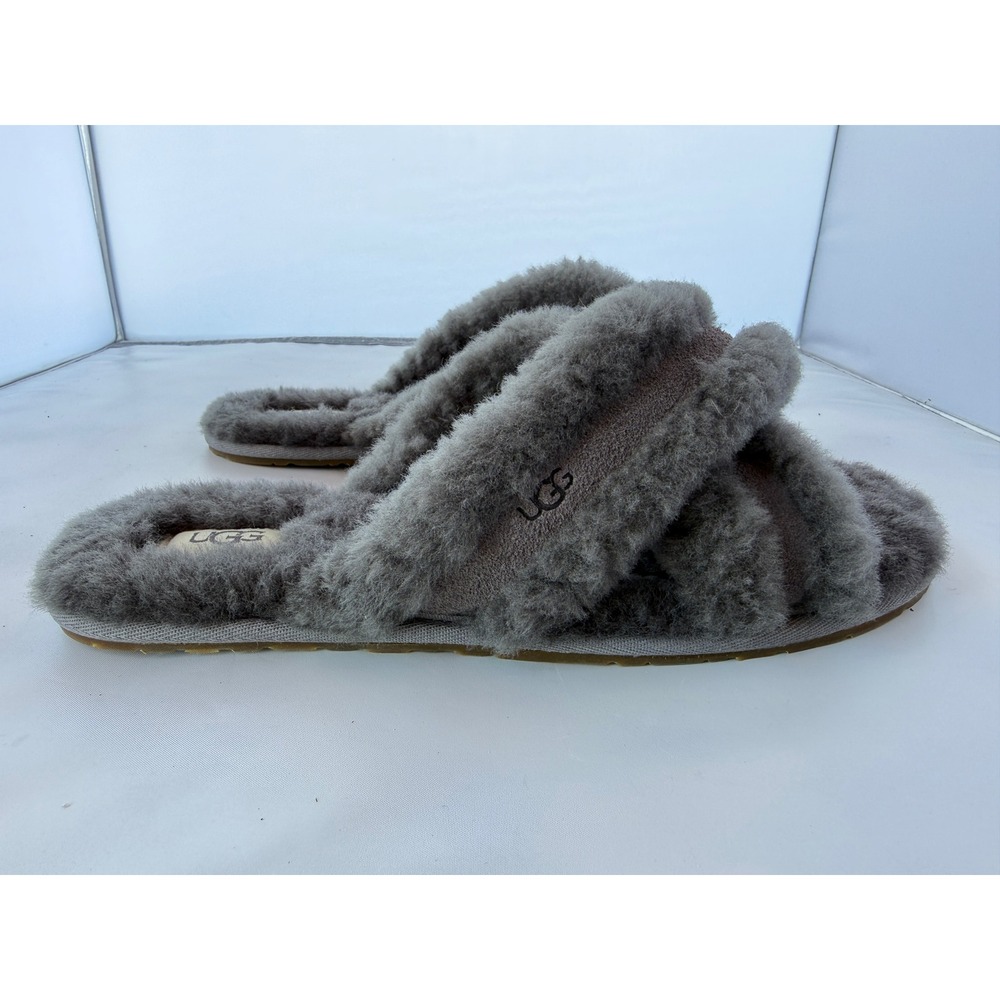 UGG Scuffita Grey Sheepskin Cross Strap Slide Slippers 1123572 Womens 10